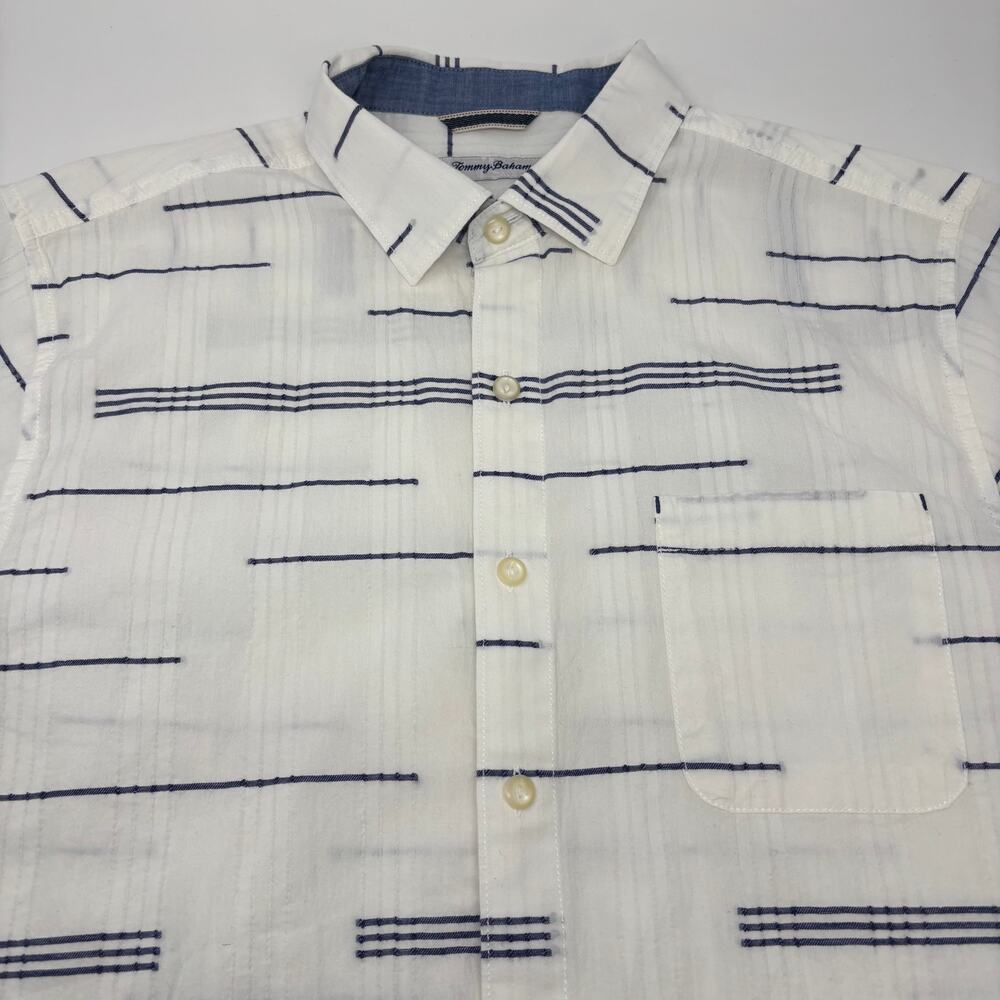 Tommy Bahama Mens Large White Blue Lines Patterned Short Sleeve Button Up Shirt